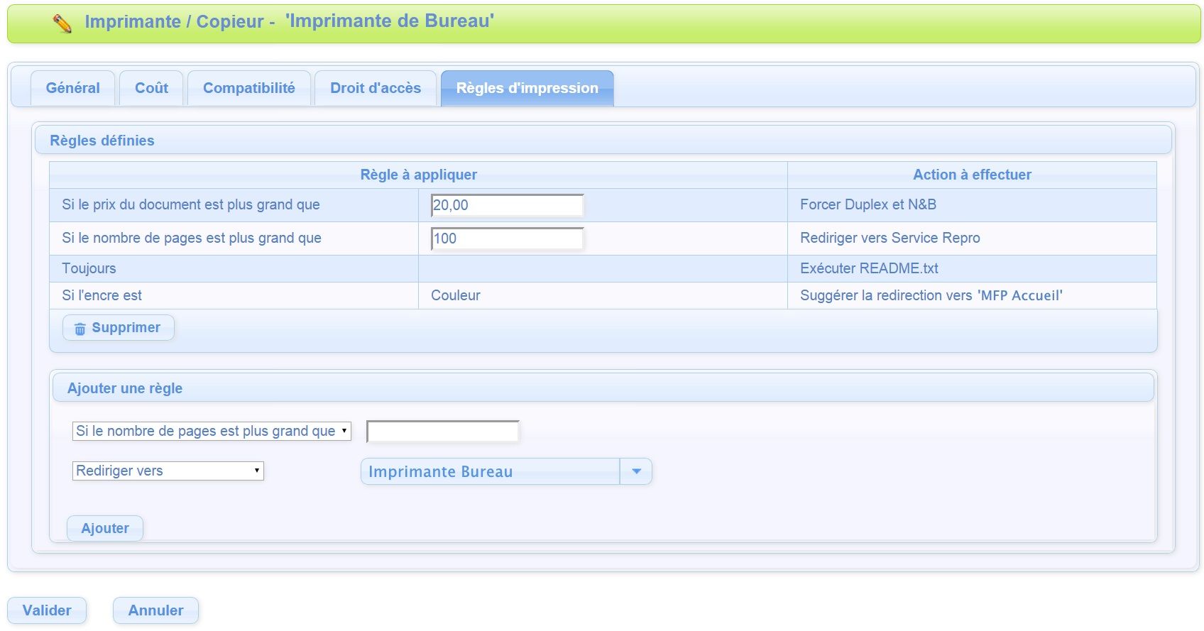 Interface Règles d'impression Gespage