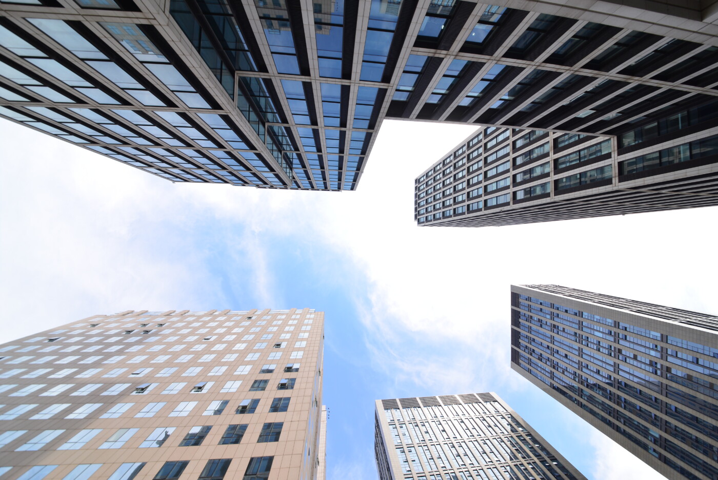 Looking up at business buildings in downtown New York, USA